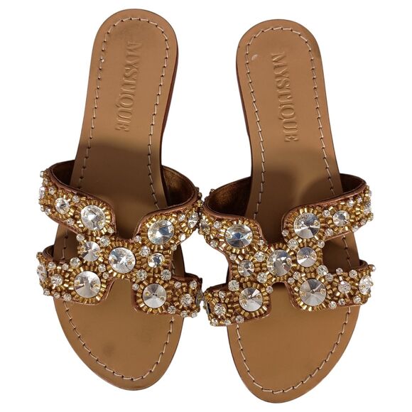 Mystique Sandals 6 Womens Brown Leather Flat Comfort Slip On Casual Jeweled - Picture 3 of 9